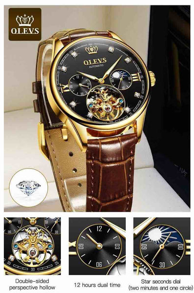 OLEVS 3601 Men's Luxury Automatic Mechanical Dual Time Luminous Moon Phase Watch - Features