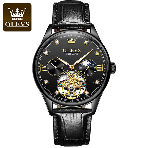 OLEVS 3601 Men's Luxury Automatic Mechanical Dual Time Luminous Moon Phase Watch - Full Black