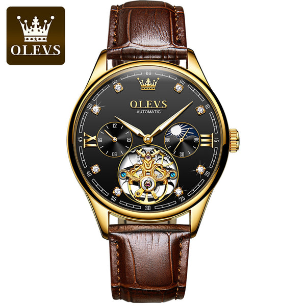 OLEVS 3601 Men's Luxury Automatic Mechanical Dual Time Luminous Moon Phase Watch - Gold Black Face Brown Leather Strap