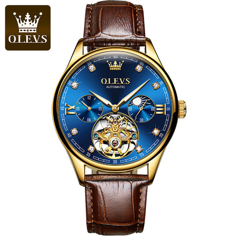 OLEVS 3601 Men's Luxury Automatic Mechanical Dual Time Luminous Moon Phase Watch - Gold Blue Face Brown Leather Strap