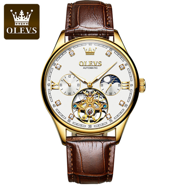 OLEVS 3601 Men's Luxury Automatic Mechanical Dual Time Luminous Moon Phase Watch - Gold White Face Brown Leather Strap