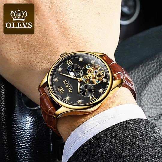 OLEVS 3601 Men's Luxury Automatic Mechanical Dual Time Luminous Moon Phase Watch - Model Picture