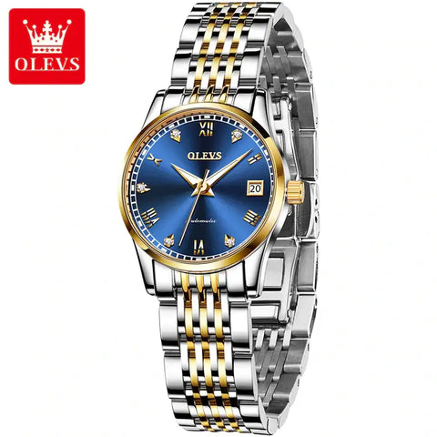 OLEVS 6602 Women's Luxury Automatic Mechanical Luminous Watch - Two Tone Blue Face