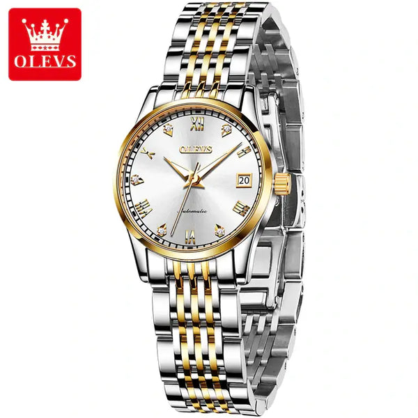 OLEVS 6602 Women's Luxury Automatic Mechanical Luminous Watch - Two Tone White Face