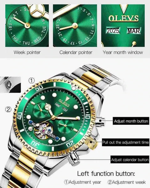 OLEVS 6605 Men's Luxury Automatic Mechanical Complete Calendar Luminous Watch - Features