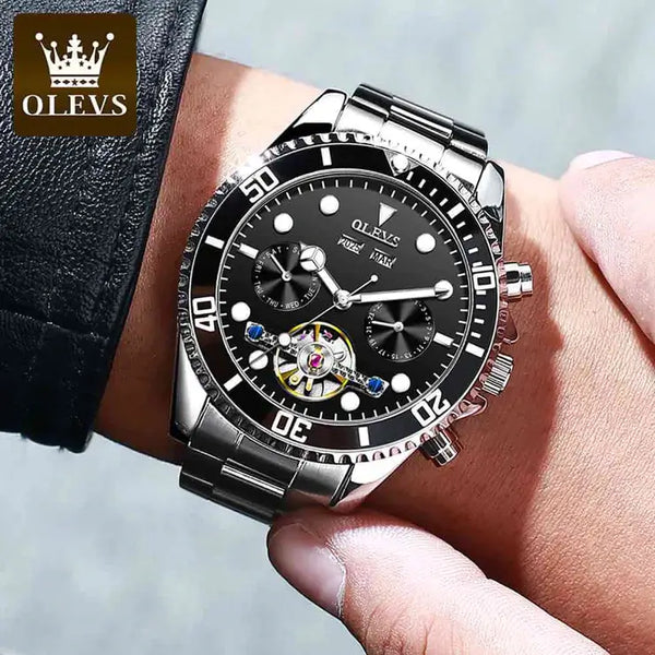 OLEVS 6605 Men's Luxury Automatic Mechanical Complete Calendar Luminous Watch - Model Picture Sliver Black Face