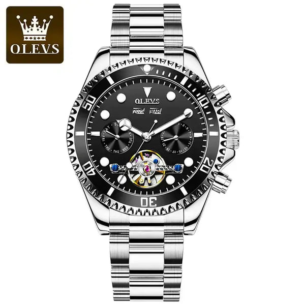 OLEVS 6605 Men's Luxury Automatic Mechanical Complete Calendar Luminous Watch - Silver Black Face