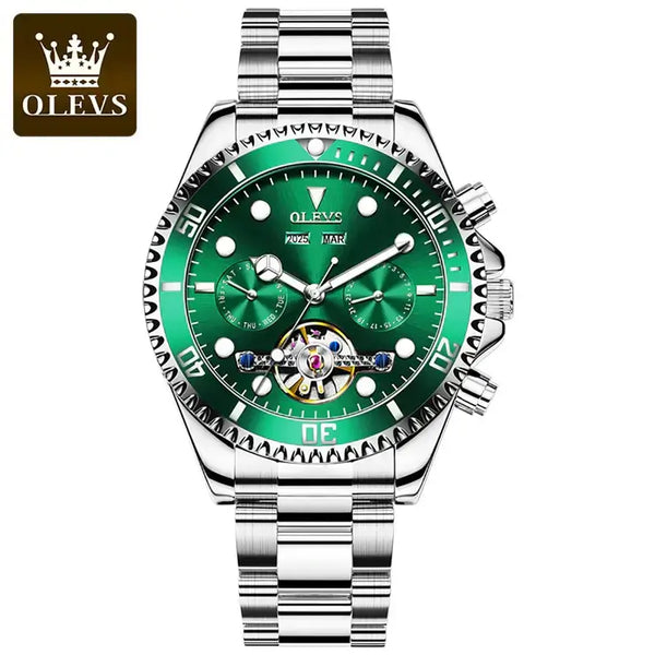 OLEVS 6605 Men's Luxury Automatic Mechanical Complete Calendar Luminous Watch - Silver Green Face