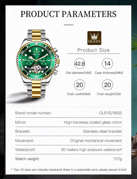 OLEVS 6605 Men's Luxury Automatic Mechanical Complete Calendar Luminous Watch - Specifications
