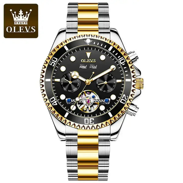 OLEVS 6605 Men's Luxury Automatic Mechanical Complete Calendar Luminous Watch - Two Tone Black Face