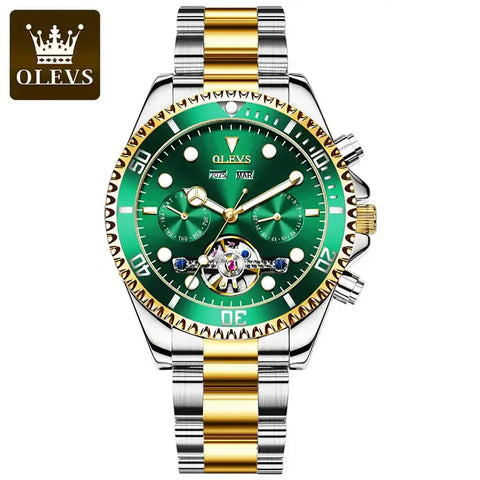 OLEVS 6605 Men's Luxury Automatic Mechanical Complete Calendar Luminous Watch - Two Tone Green Face