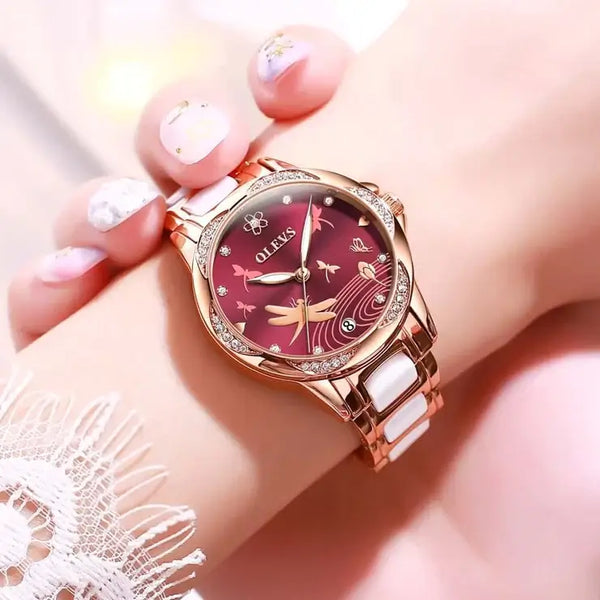 OLEVS 6610 Women's Luxury Automatic Mechanical Dragonfly Design Luminous Watch - Model Picture Red