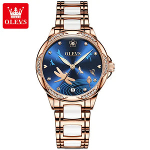 OLEVS 6610 Women's Luxury Automatic Mechanical Dragonfly Design Luminous Watch - Rose Gold Blue Face