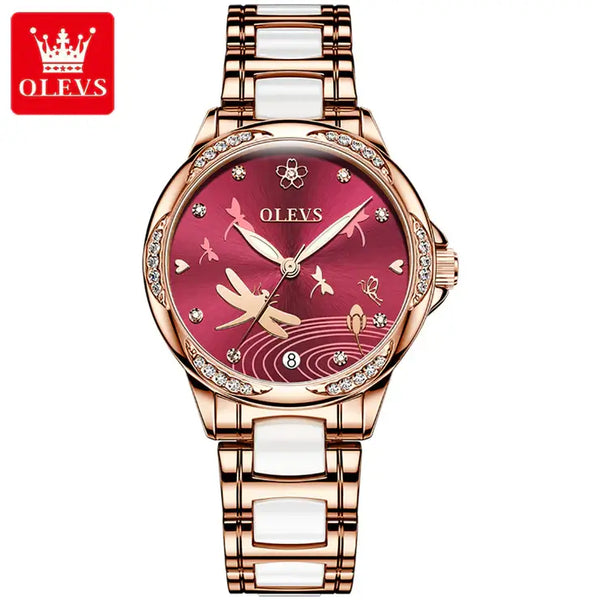 OLEVS 6610 Women's Luxury Automatic Mechanical Dragonfly Design Luminous Watch - Rose Gold Red Face