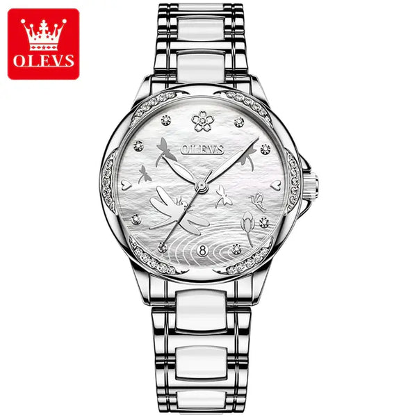 OLEVS 6610 Women's Luxury Automatic Mechanical Dragonfly Design Luminous Watch - Silver White Face