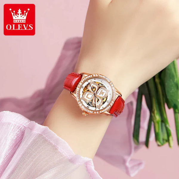 OLEVS 6612 Women's Luxury Automatic Mechanical Lucky Clover Design Luminous Watch - Model Picture Red Leather Strap