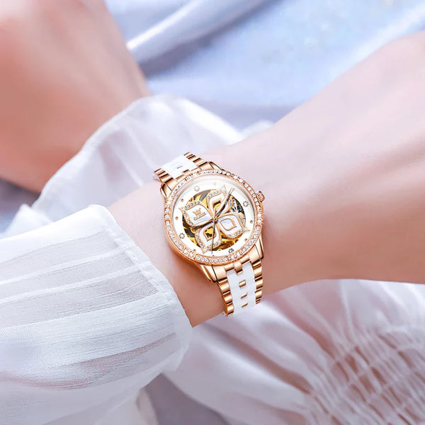 OLEVS 6612 Women's Luxury Automatic Mechanical Lucky Clover Design Luminous Watch - Model Picture Stainless Steel Ceramic Strap