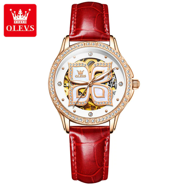 OLEVS 6612 Women's Luxury Automatic Mechanical Lucky Clover Design Luminous Watch - Red Leather Strap