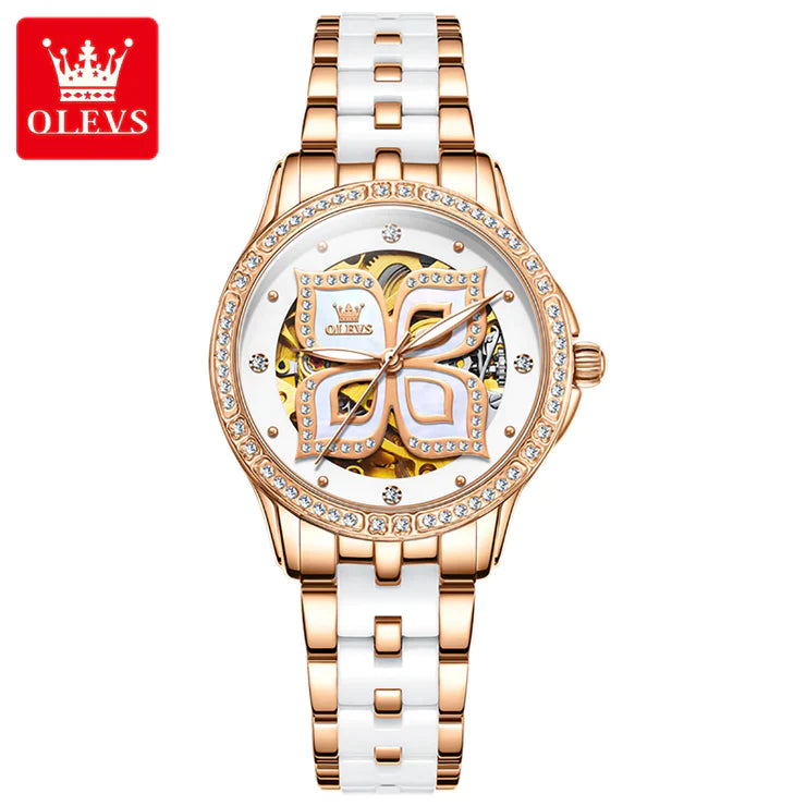 OLEVS 6612 Women's Luxury Automatic Mechanical Lucky Clover Design Luminous Watch - Two Tone Stainless Steel & Ceramic Strap