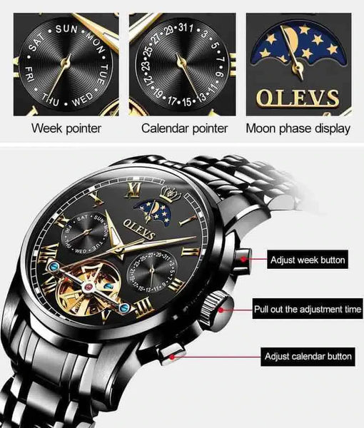 OLEVS 6617 Men's Luxury Automatic Mechanical Moon Phase Watch - Features