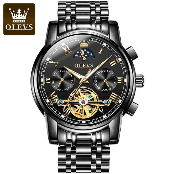 OLEVS 6617 Men's Luxury Automatic Mechanical Moon Phase Watch - Full Black