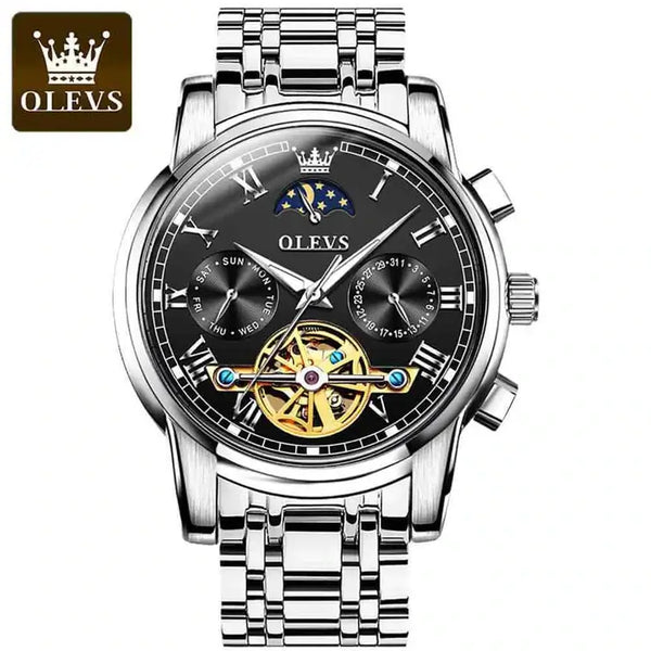 OLEVS 6617 Men's Luxury Automatic Mechanical Moon Phase Watch - Silver Black Face