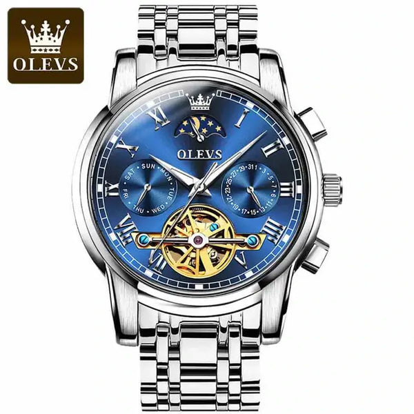 OLEVS 6617 Men's Luxury Automatic Mechanical Moon Phase Watch - Silver Blue Face