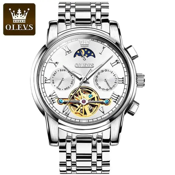 OLEVS 6617 Men's Luxury Automatic Mechanical Moon Phase Watch - Silver White Face