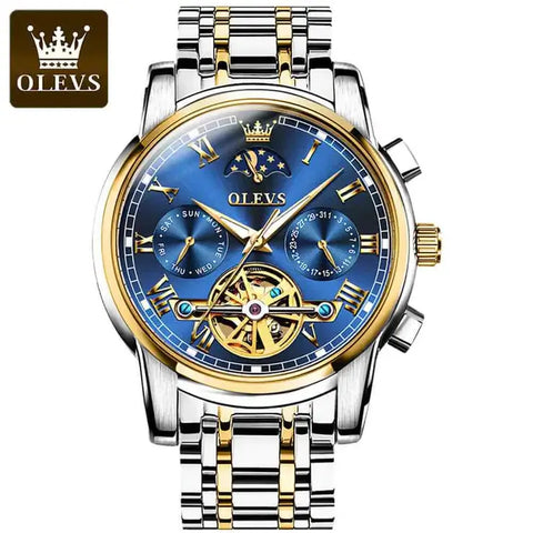 OLEVS 6617 Men's Luxury Automatic Mechanical Moon Phase Watch - Two Tone Blue Face
