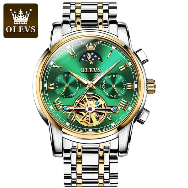 OLEVS 6617 Men's Luxury Automatic Mechanical Moon Phase Watch - Two Tone Green Face