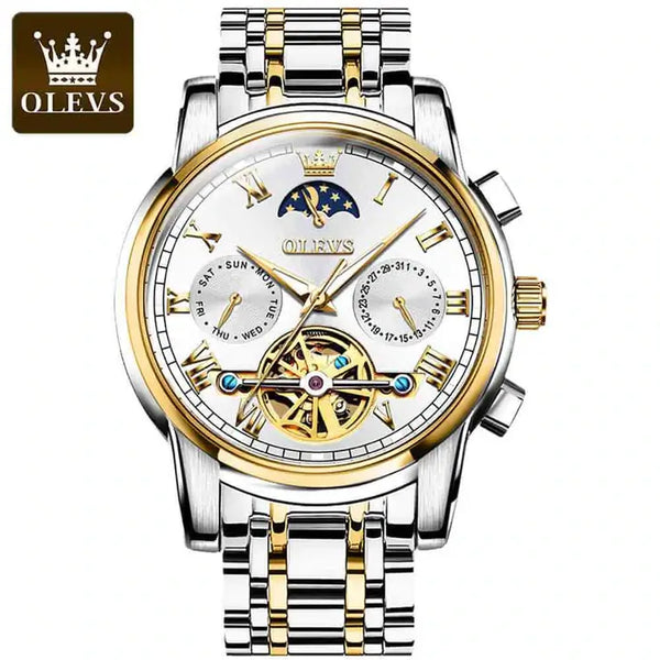 OLEVS 6617 Men's Luxury Automatic Mechanical Moon Phase Watch - Two Tone White Face