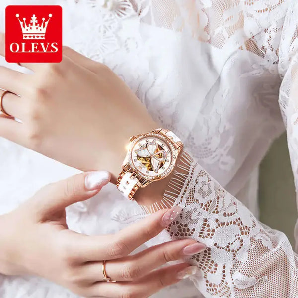 OLEVS 6622 Women's Luxury Automatic Mechanical Butterfly Design Luminous Watch - Model Picture Ceramic Strap