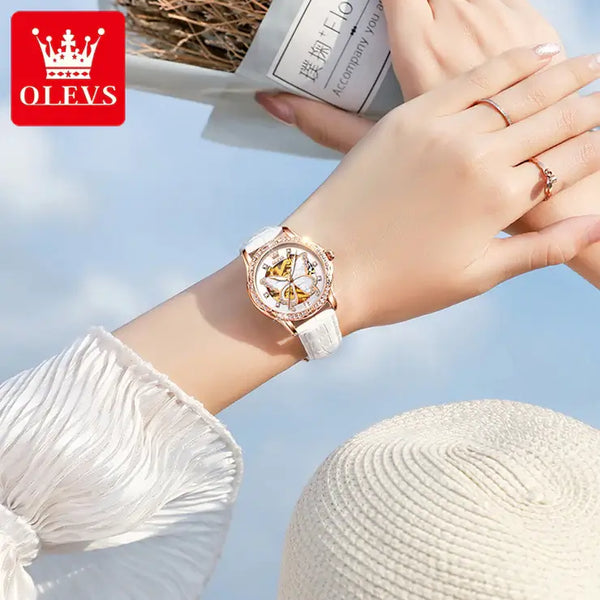 OLEVS 6622 Women's Luxury Automatic Mechanical Butterfly Design Luminous Watch - Model Picture White Leather Strap