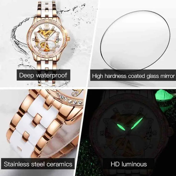 OLEVS 6622 Women's Luxury Automatic Mechanical Butterfly Design Luminous Watch - Multiple Features