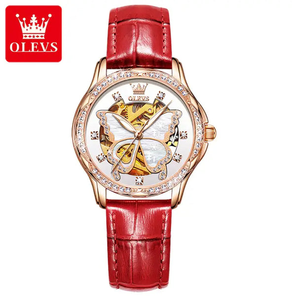 OLEVS 6622 Women's Luxury Automatic Mechanical Butterfly Design Luminous Watch - Red Leather Strap