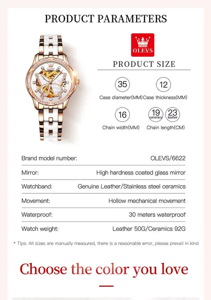 OLEVS 6622 Women's Luxury Automatic Mechanical Butterfly Design Luminous Watch - Specifications