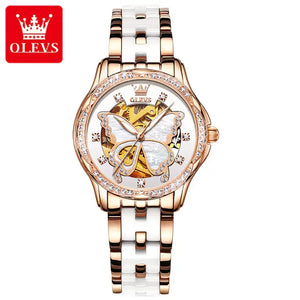 OLEVS 6622 Women's Luxury Automatic Mechanical Butterfly Design Luminous Watch - Two Tone Stainless Steel & Ceramic Strap