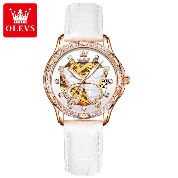 OLEVS 6622 Women's Luxury Automatic Mechanical Butterfly Design Luminous Watch - White Leather Strap