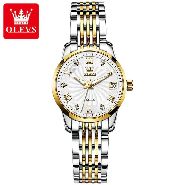 OLEVS 6630 Women's Luxury Automatic Mechanical Luminous Watch - Two Tone White Face