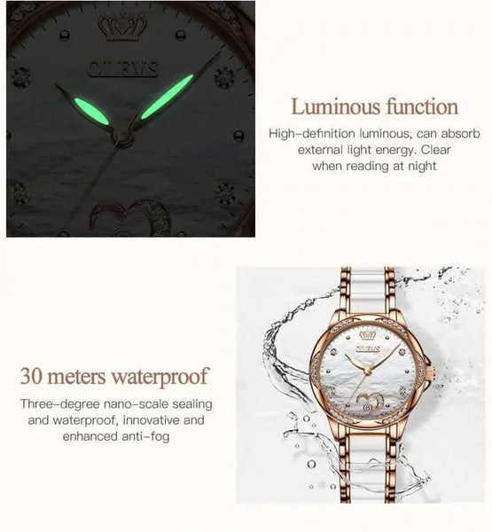 OLEVS 6631 Women's Luxury Automatic Mechanical Heart Design Luminous Watch - 3ATM