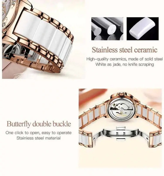 OLEVS 6631 Women's Luxury Automatic Mechanical Heart Design Luminous Watch - Butterfly Double Buckle