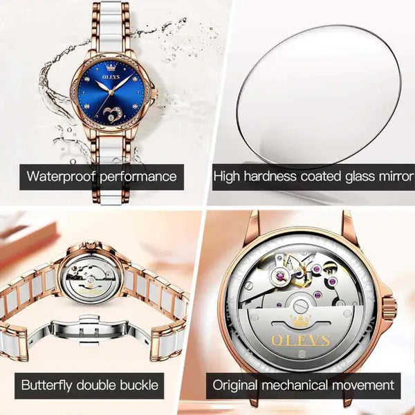 OLEVS 6631 Women's Luxury Automatic Mechanical Heart Design Luminous Watch - Multiple Features