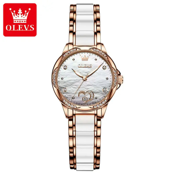 OLEVS 6631 Women's Luxury Automatic Mechanical Heart Design Luminous Watch - White Face