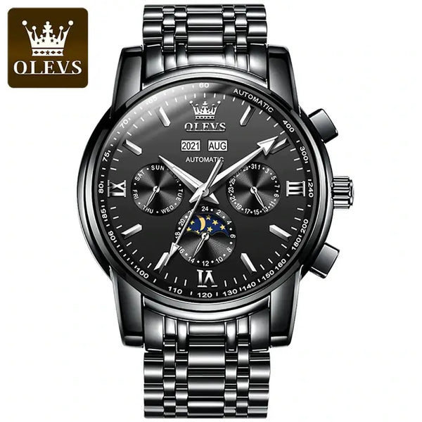 OLEVS 6633 Men's Luxury Automatic Mechanical Moon Phase Watch - Full Black