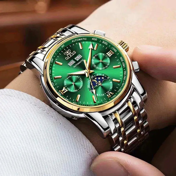 OLEVS 6633 Men's Luxury Automatic Mechanical Moon Phase Watch - Model Picture Green