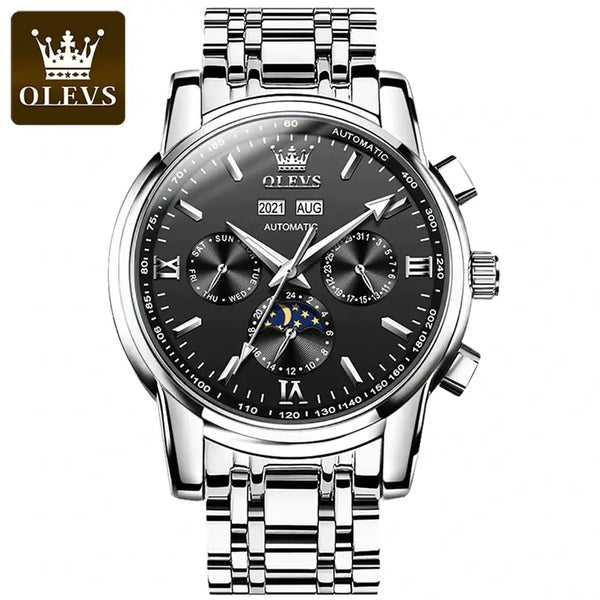 OLEVS 6633 Men's Luxury Automatic Mechanical Moon Phase Watch - Silver Black Face