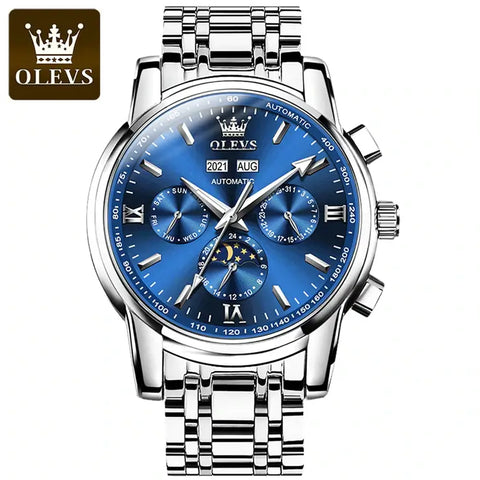 OLEVS 6633 Men's Luxury Automatic Mechanical Moon Phase Watch - Silver Blue Face
