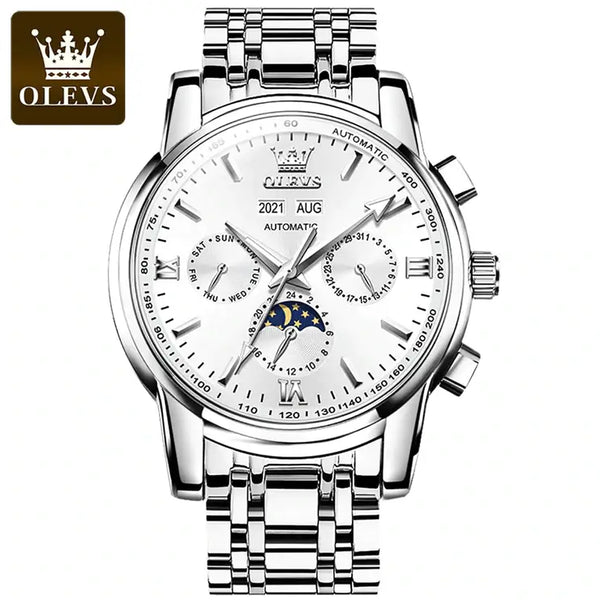 OLEVS 6633 Men's Luxury Automatic Mechanical Moon Phase Watch - Silver White Face