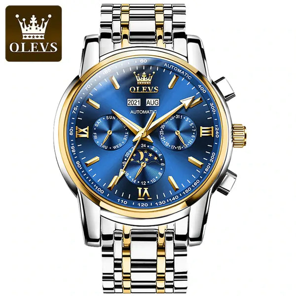 OLEVS 6633 Men's Luxury Automatic Mechanical Moon Phase Watch - Two Tone Blue Face 