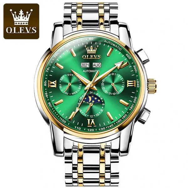 OLEVS 6633 Men's Luxury Automatic Mechanical Moon Phase Watch - Two Tone Green Face